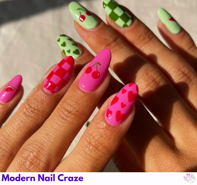 Bright Pink and Green Cherry Manicu