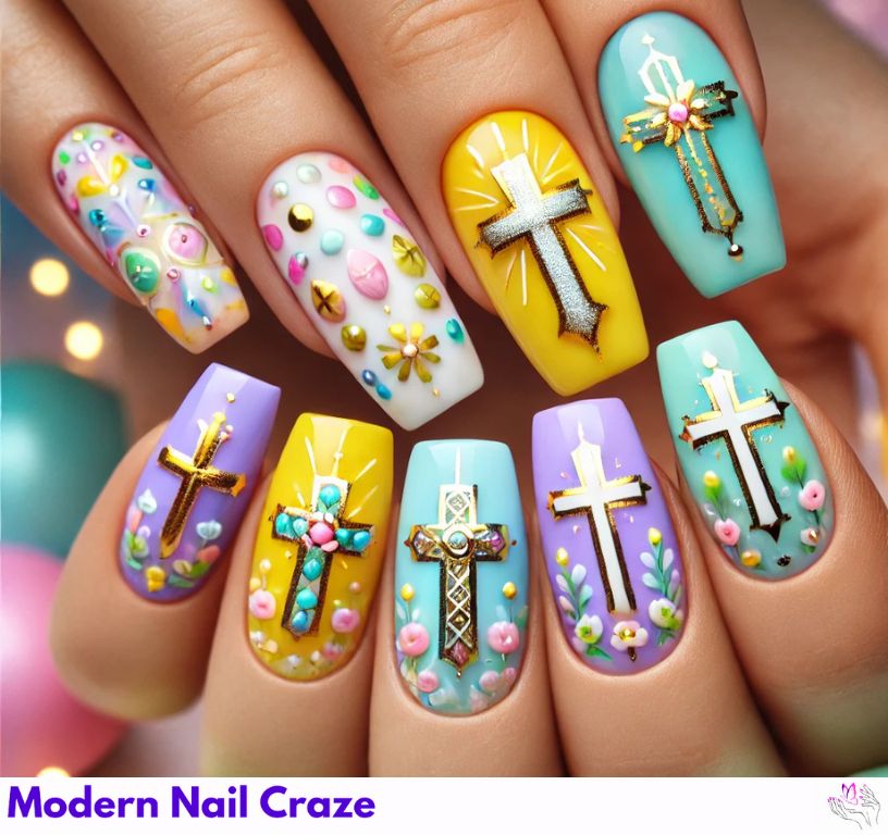 Vibrant bright Easter cross nails with striking cross accents on short nails.