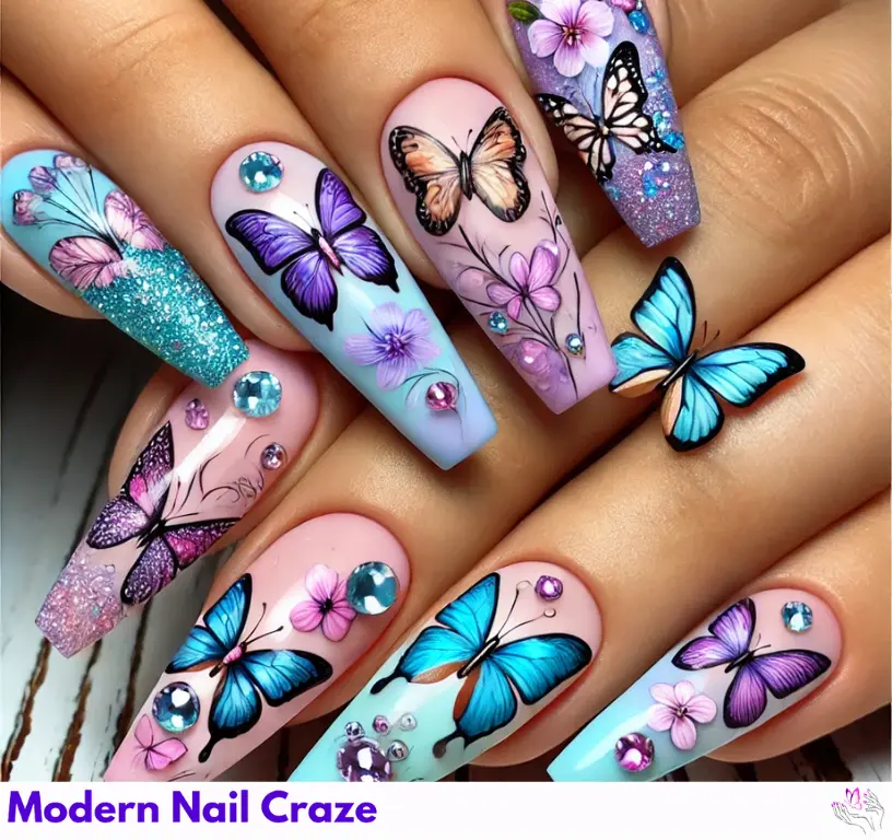 Whimsical butterfly nails with animal prints, creating a delicate yet bold fashion statement.