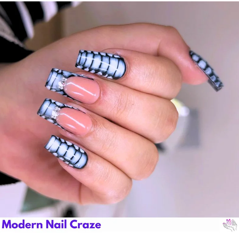 Black CROC Nail Art Design featuring crocodile skin patterns on coffin-shaped nails for a bold, fashion-forward look.