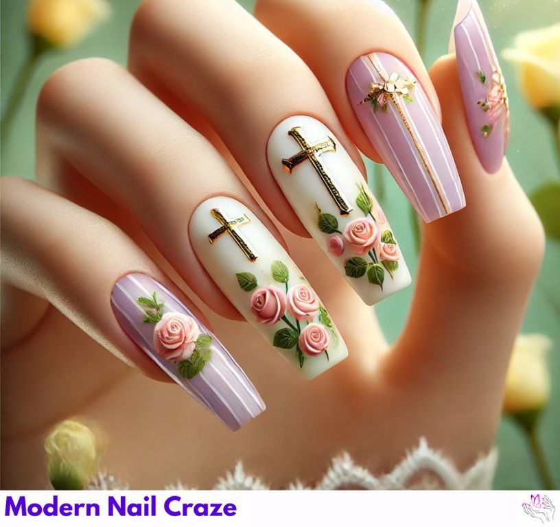 Christian Easter nails with roses and cross designs for elegance.