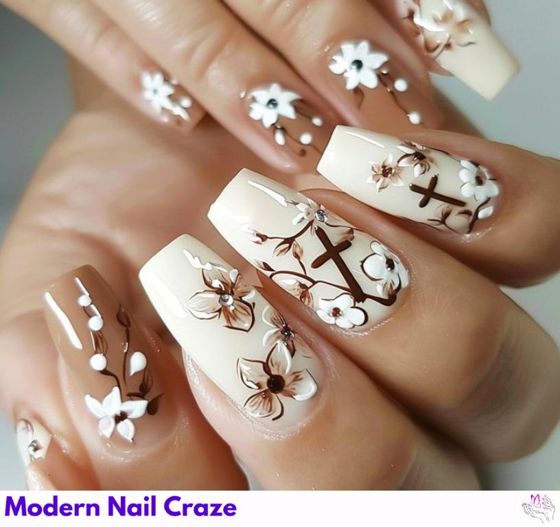 Elegant Christian Easter nails with flowers and cross accents.