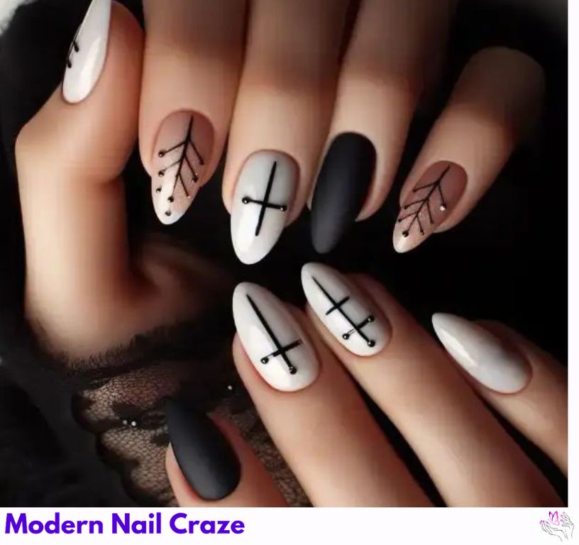 Elegant Christian Gothic almond nails with cross designs and roses.