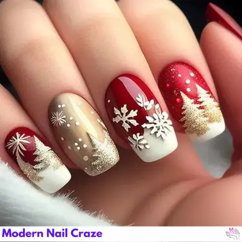 Festive Christmas nails decorated with red, green, and white colors, featuring snowflakes, Christmas trees, and holly.