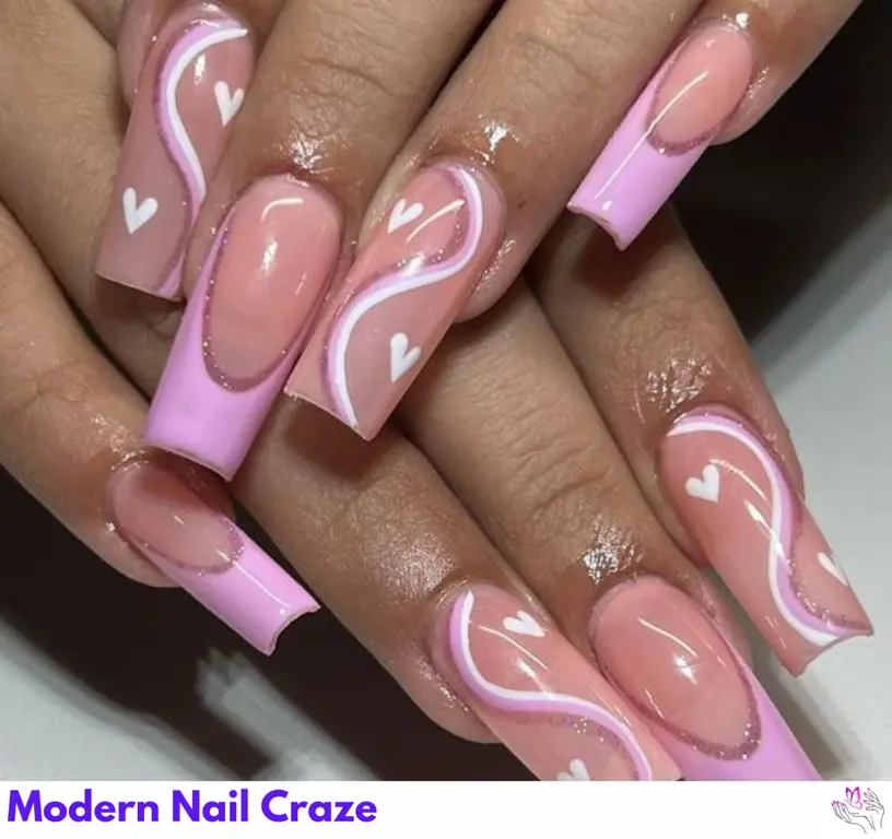 Sleek chrome nails with artistic pink and white swirls, offering a trendy, metallic finish.