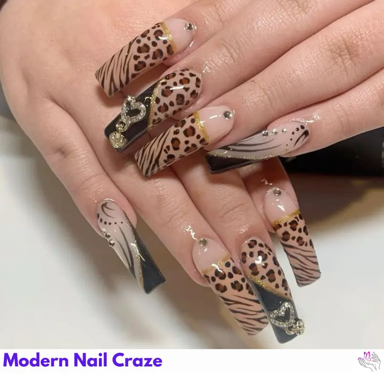 Vibrant and playful animal print designs on almond nails for a fun, feminine touch.