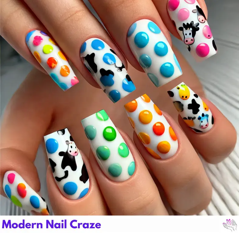 Vibrant, colorful cow print nails offering a fun, lively design with bold patterns.