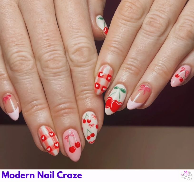 Coquette Themed Cherry Nail Design