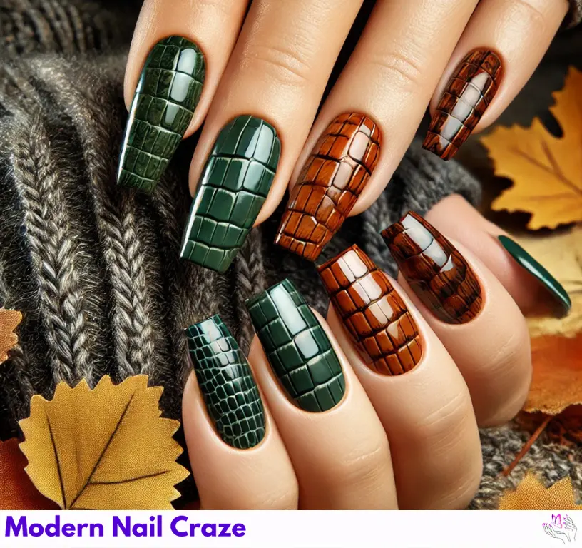 Stylish crocodile print nails perfect for the fall season, combining boldness and elegance.