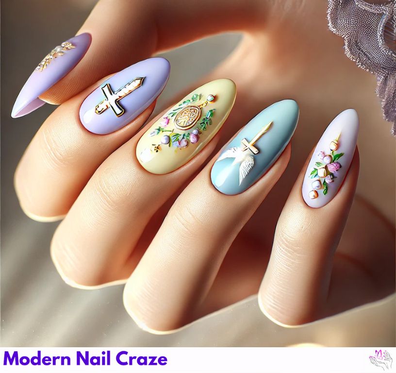 Easter religious nails with crosses, flowers, and pastel hues.