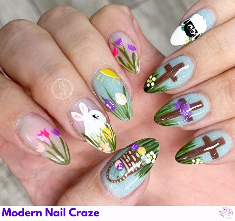 Elegant Easter cross nails with flowers and pastel designs.