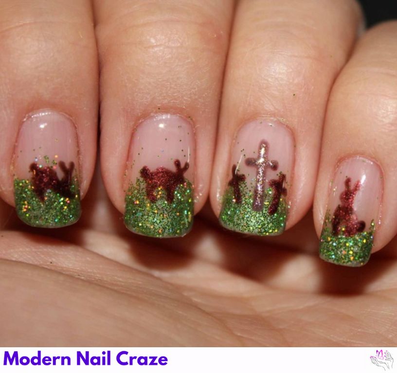 Cross Easter nails with flowers and delicate floral accents.