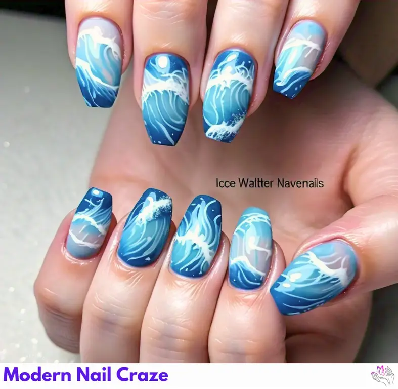 Charming ice water wave nails with swirling patterns, snowflakes, and light-blue hues, offering a refreshing beachy vibe perfect for winter.