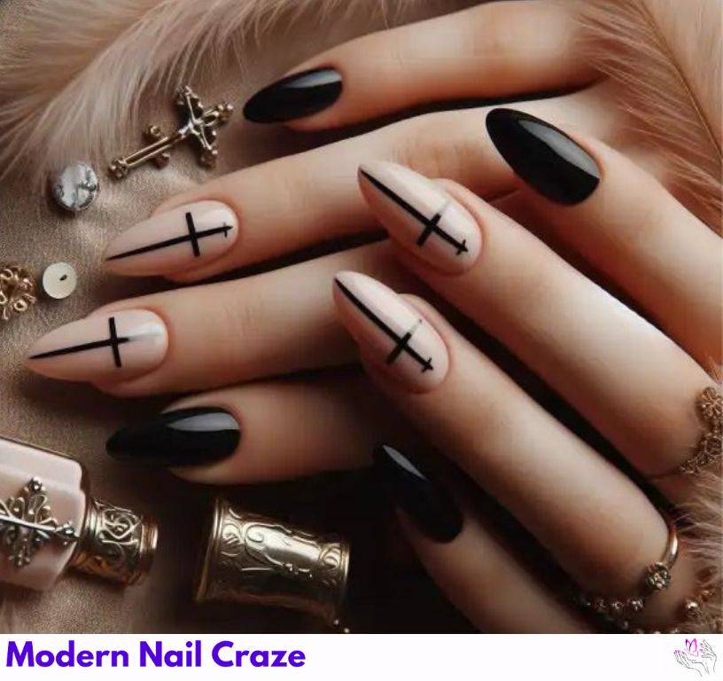 Bold dark Gothic Easter nails with cross designs and rich hues.