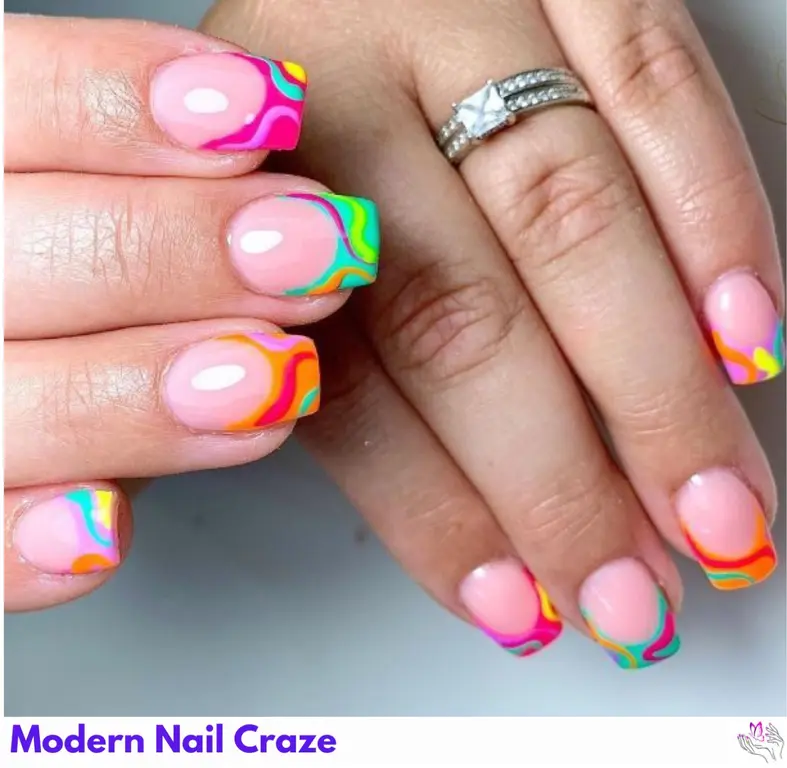 Trendy disconnected neon animal prints on French nails for a bold, eye-catching design.