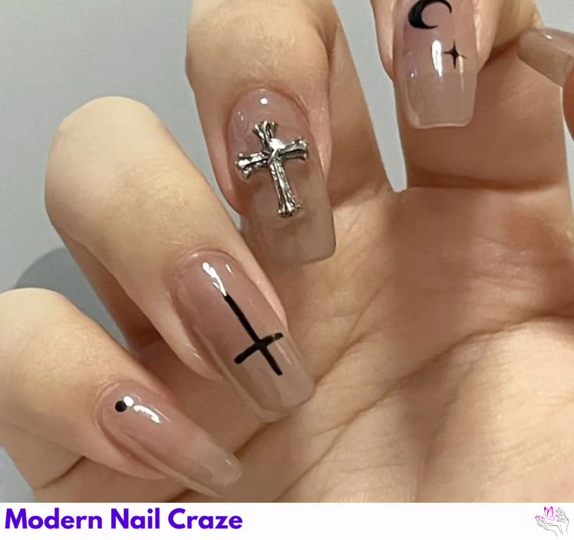 Matte pastel Easter nails featuring delicate cross designs and floral accents.