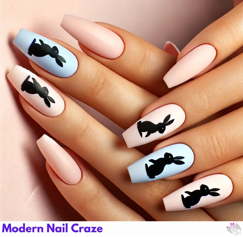 Minimalist silhouette rabbit design on Easter nails, adding a festive and subtle seasonal touch.