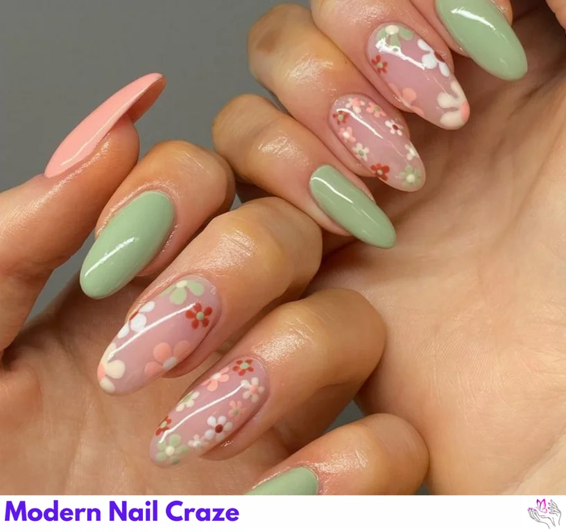 Spring-inspired Easter nails featuring vibrant flowers and delicate leaves for a festive look.