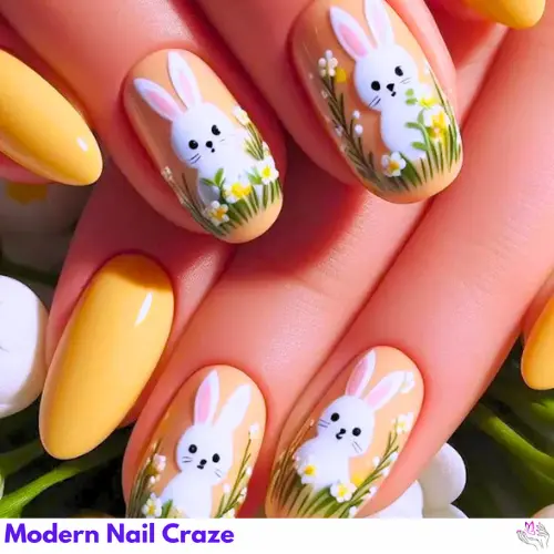 Pastel-colored Easter nails adorned with cute designs such as Easter eggs, bunnies, and flowers.