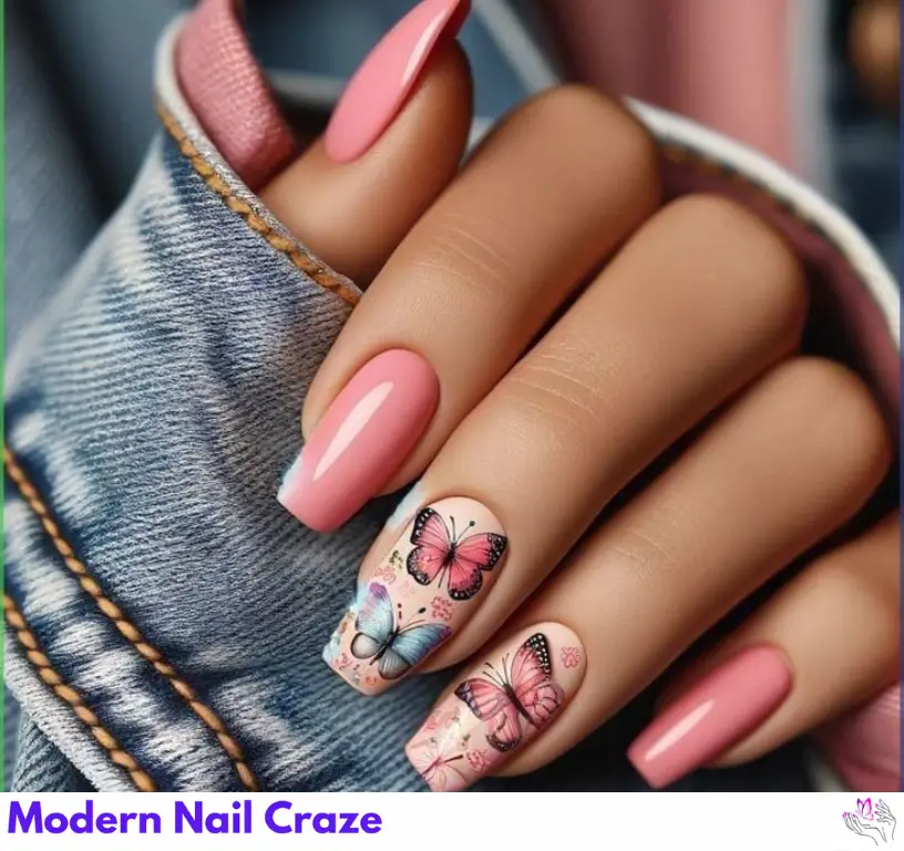 Delicate peach fuzz butterfly nail design with embellishments for a trendy, graceful look.