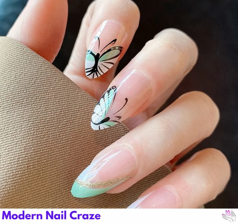 Fresh and vibrant peach fuzz and green nails with delicate butterfly accents, perfect for spring.