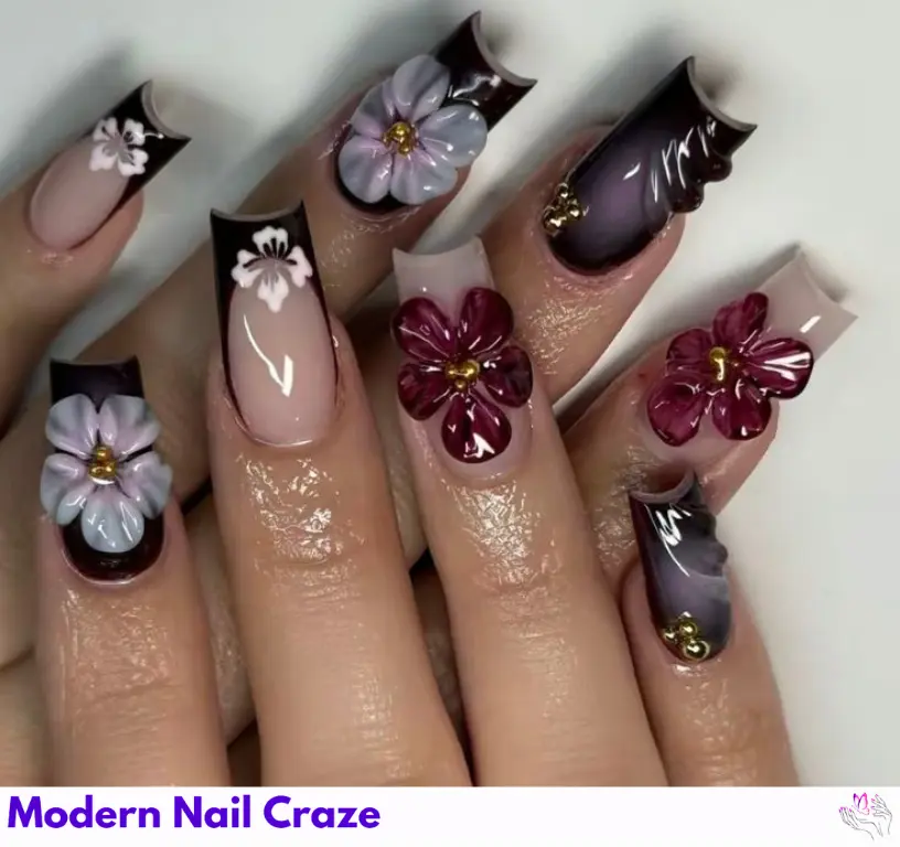 A beautiful fusion of floral and animal prints, creating a whimsical yet elegant nail design.