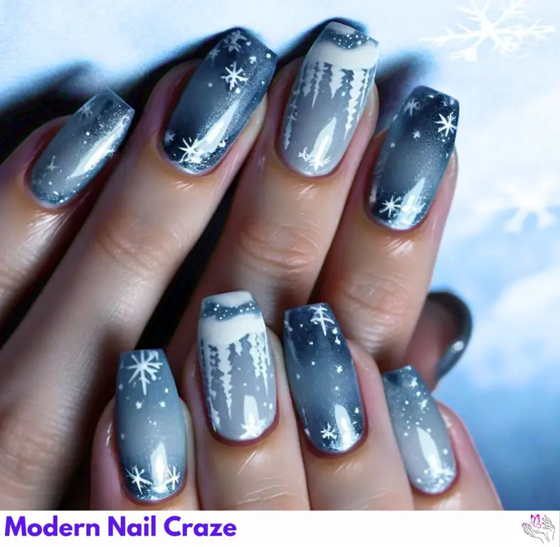 Stunning almond-shaped frosty polar nightfall nails with chrome and gold accents, capturing the beauty of a serene snowy landscape under the stars.