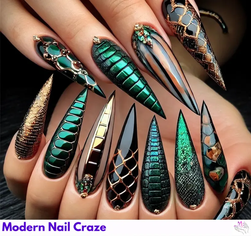 Fierce gator and snake skin patterns on stiletto nails, making a bold, exotic statement.