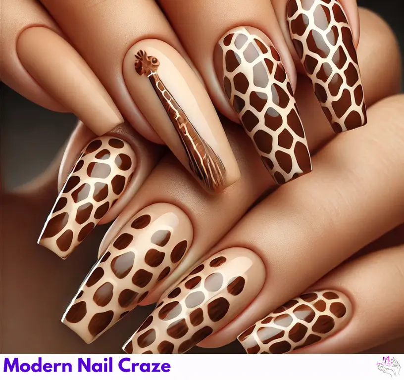 Fun giraffe print nails for a playful and unique look that showcases wild style.