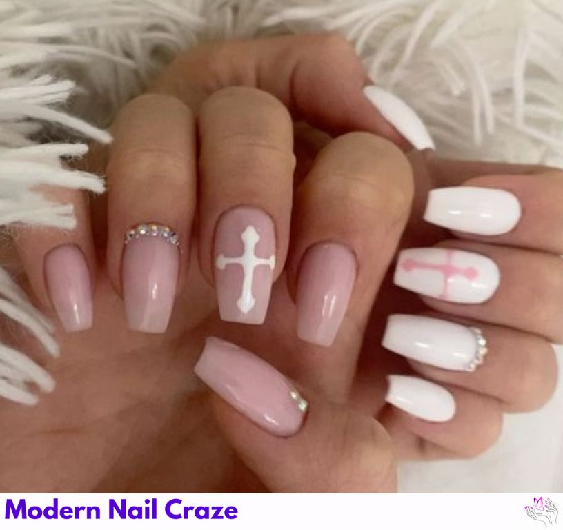 Glossy Easter nails featuring crosses and pastel religious symbols.