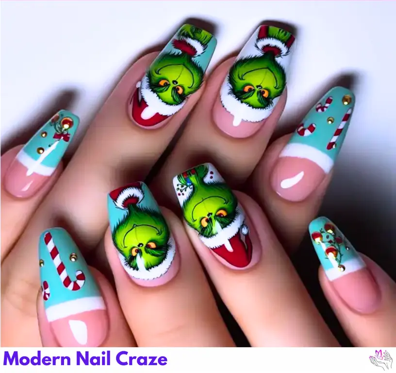 Grinch French Nail Design with Candy Canes