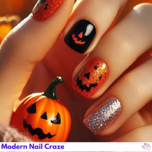 Spooky Halloween nails in black, orange, and purple with designs including bats, pumpkins, and cobwebs.