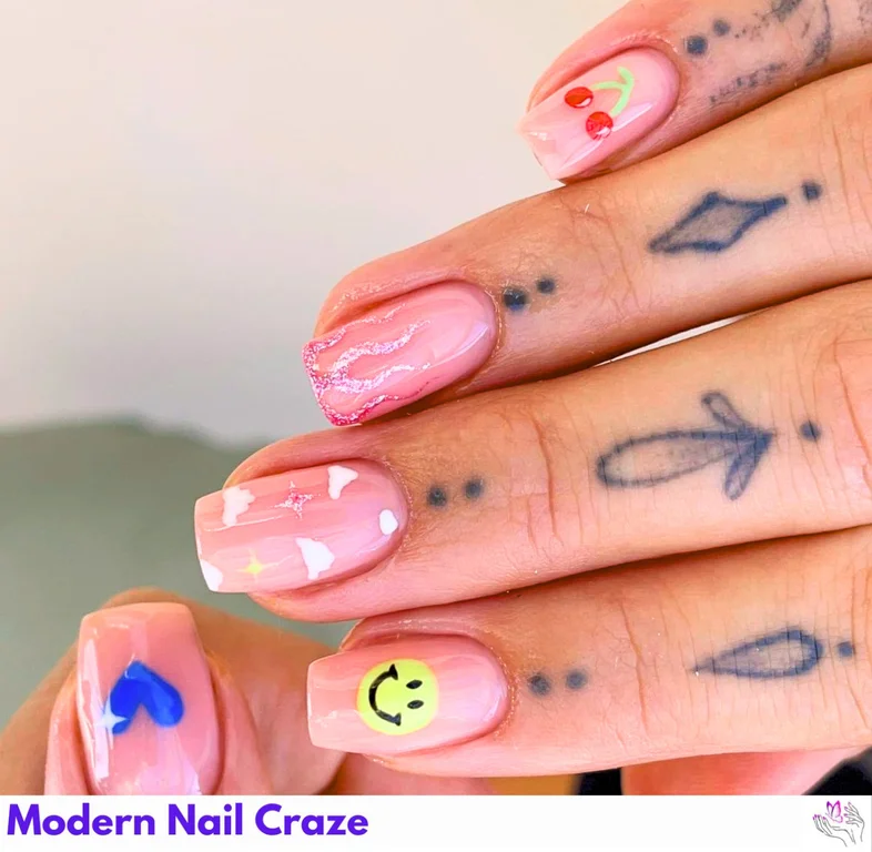 Happy Smiley Nails with cheerful designs like smiley faces, clouds, and flames on a neutral base for a playful, lively look.