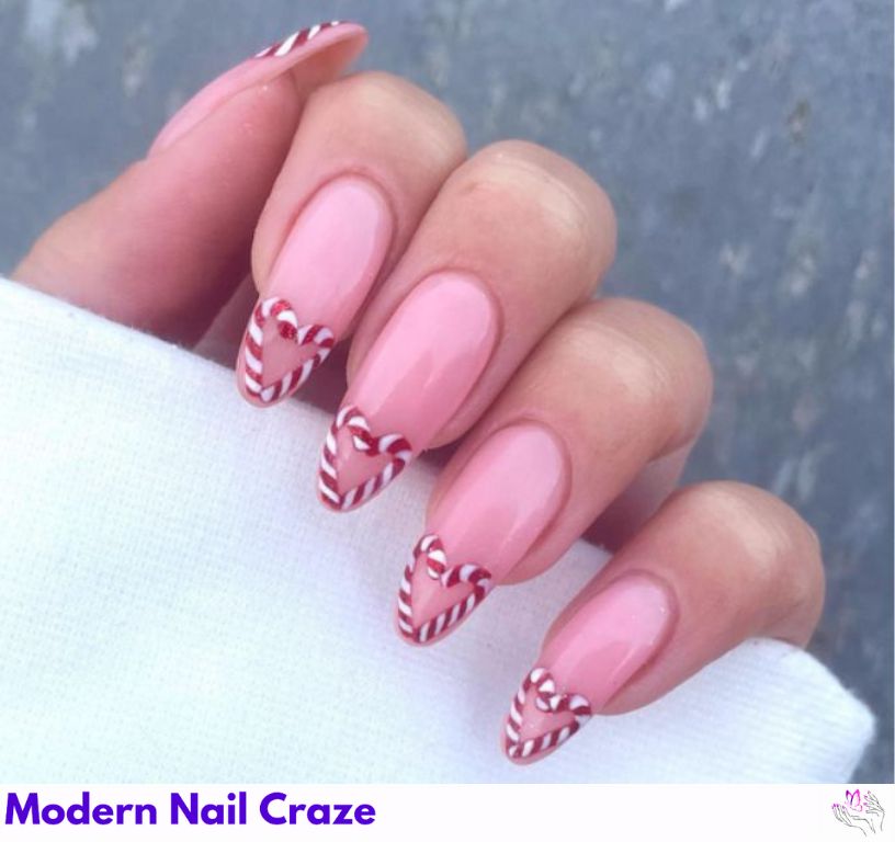 Beautiful Heart-Shaped Candy Cane Nails
