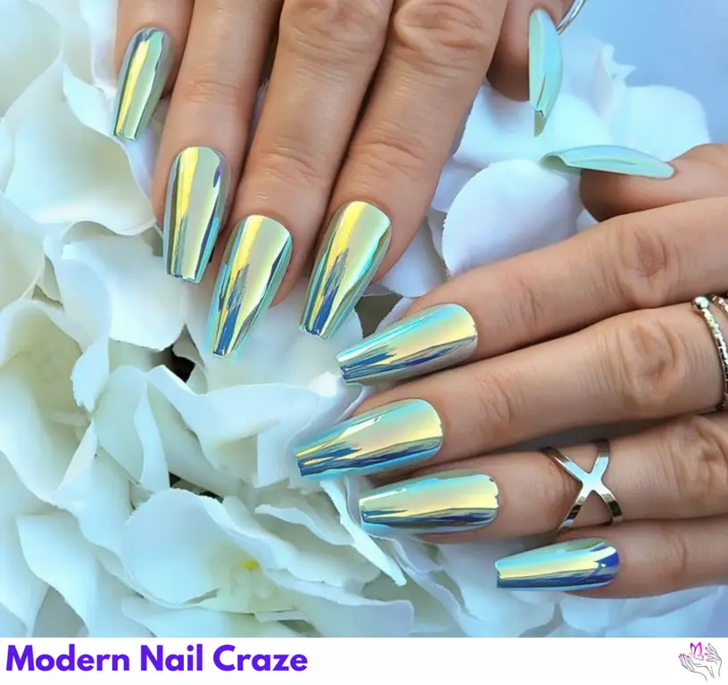 Modern hexagon pattern on platinum chrome accent nails for a sleek, minimalist design.