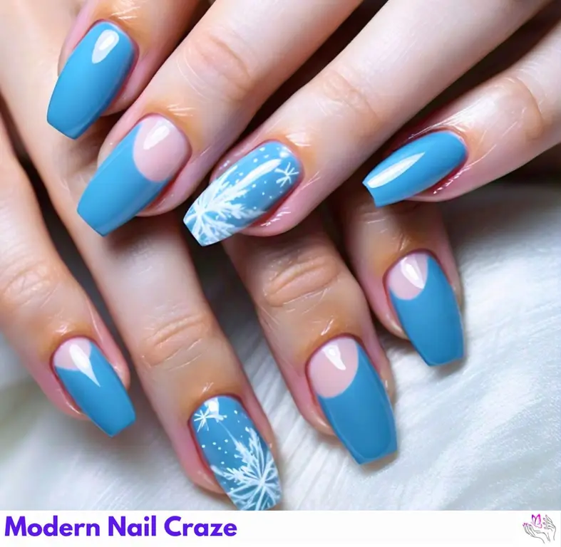 Elegant ice blue French manicure with sparkling glitter tips and delicate snowflake accents, perfect for a chic winter look in 2024.