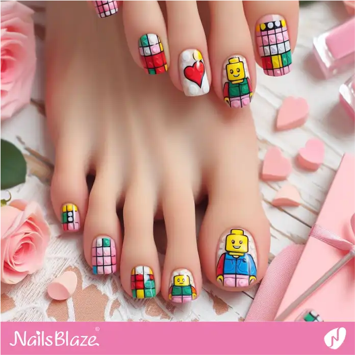 Fun LEGO chef minifigures nail design bringing game-inspired charm to your manicure.