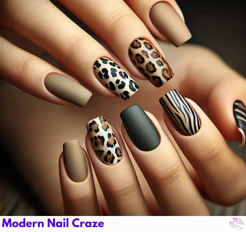 Matte animal print mismatched nail designs for a timeless, cohesive style.