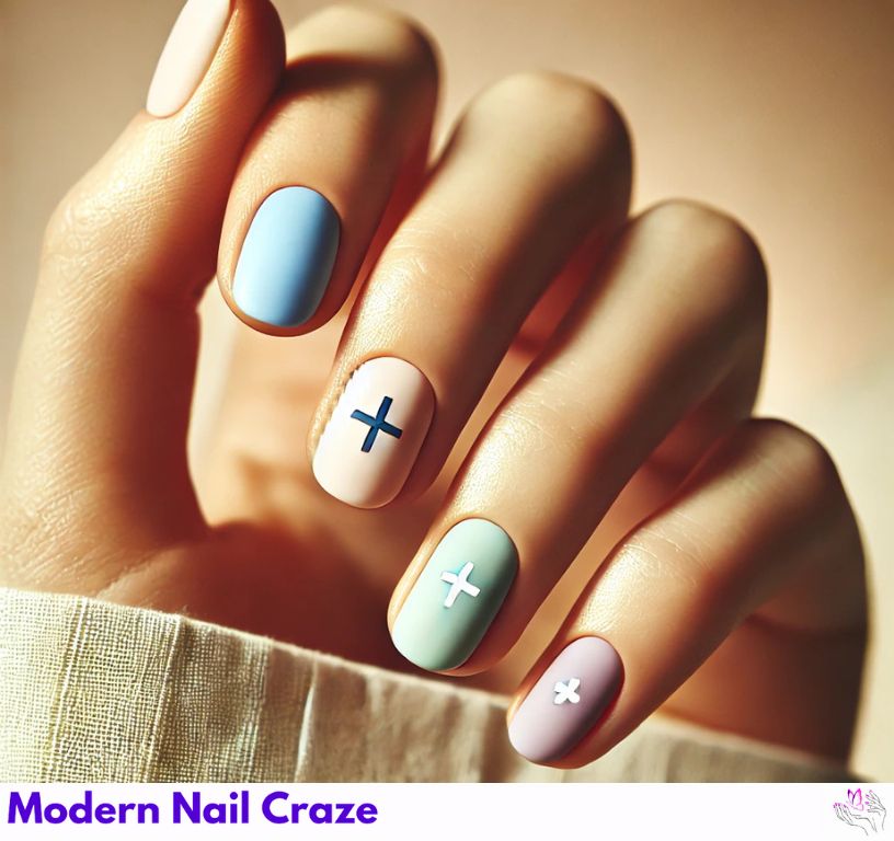 Modern matte pastel Easter nails featuring delicate cross designs.