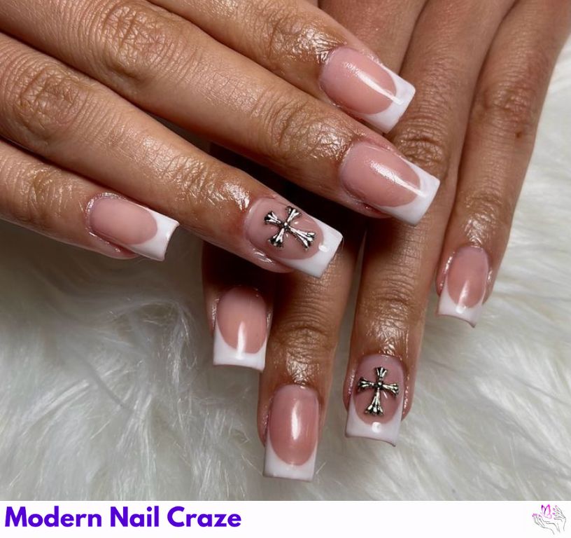 Minimal cross Easter nails with soft pastel tones and subtle designs.