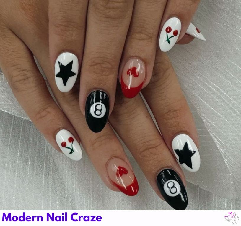 Mismatched Cherry Nail Art