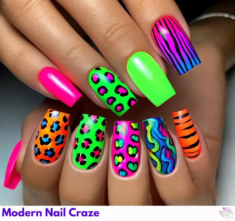 Bright and vibrant neon animal print nails, perfect for a fun summer look.