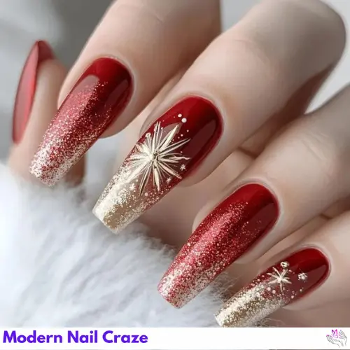 Sparkling New Year nails with silver and gold glitter, featuring festive designs like fireworks and champagne glasses.