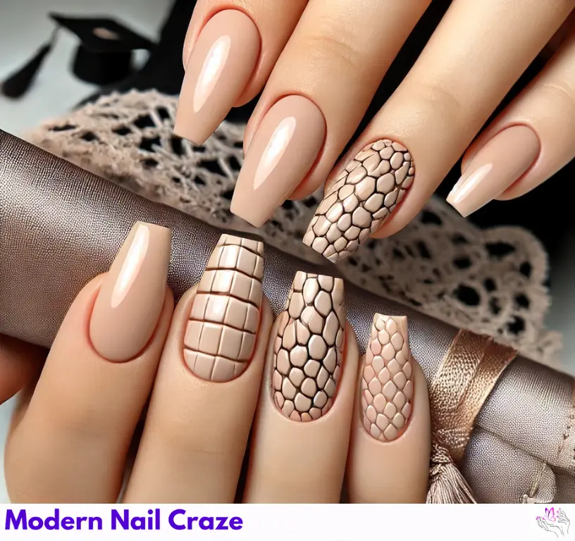 Elegant nude crocodile print nails for graduation, offering a sophisticated and luxury vibe.