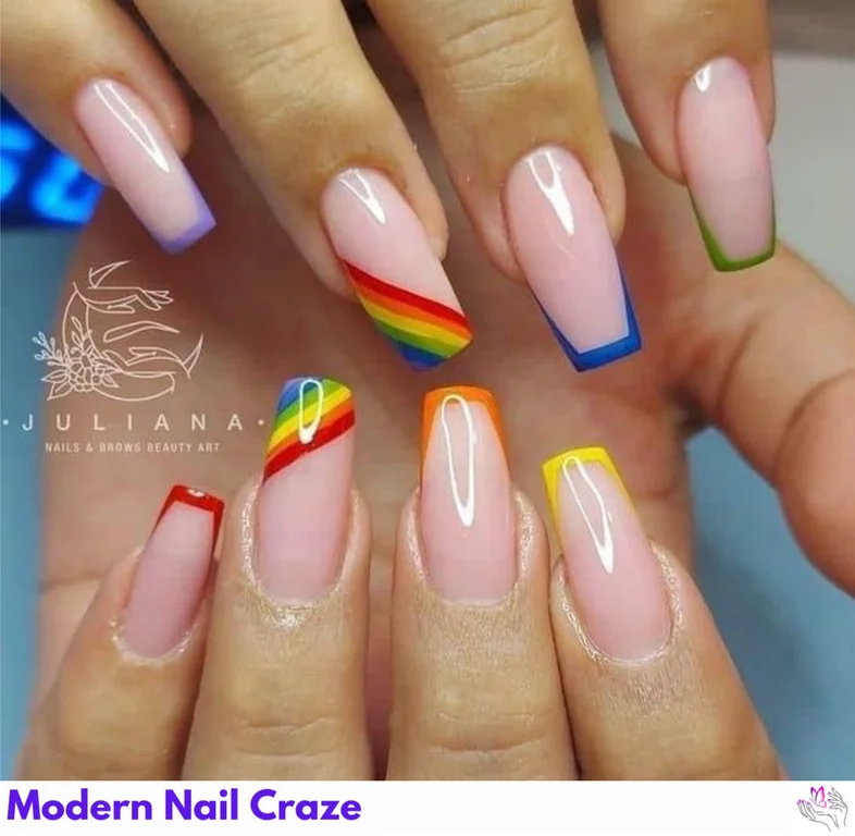 Nude Nails with colorful rainbow abstract art and playful French tips, combining minimalist style with a touch of fun.