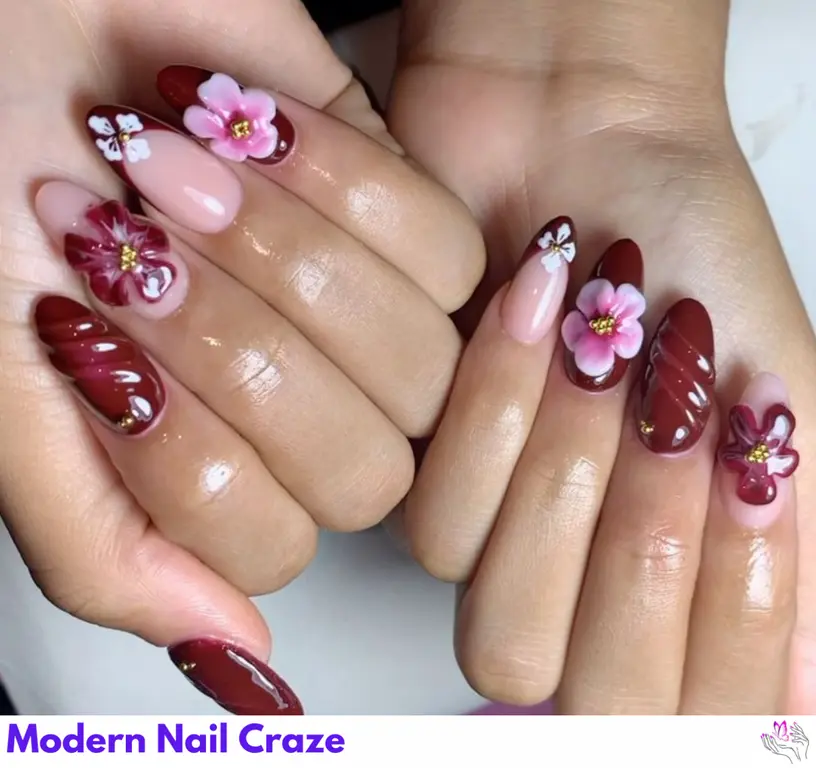 Sophisticated orchid flower design on nails, blending intricate patterns and vibrant colors.