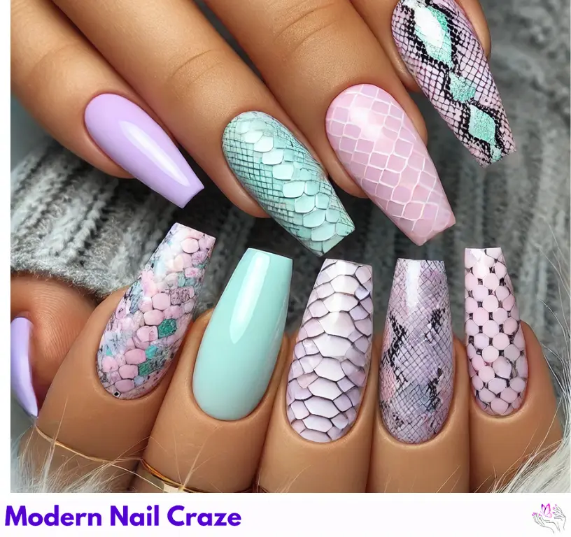 Soft pastel snakeskin nail designs with a subtle, elegant touch for a trendy look.