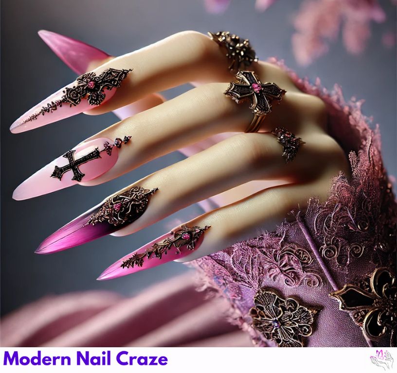 Bold pink Gothic Easter nails with cross accents and floral details.