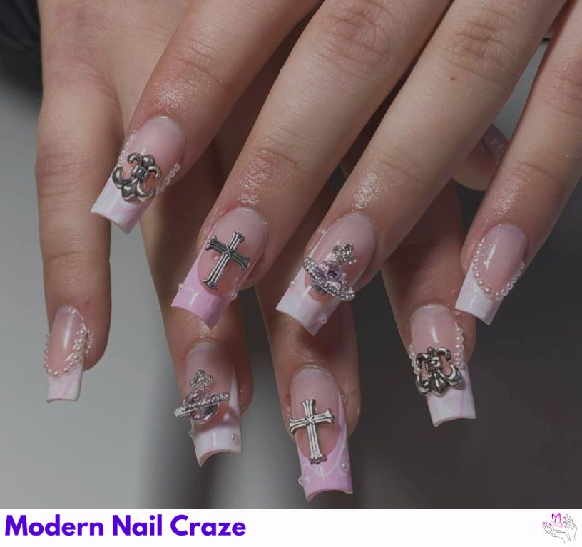 Pink Gothic Easter nails with bold cross designs and subtle flowers.