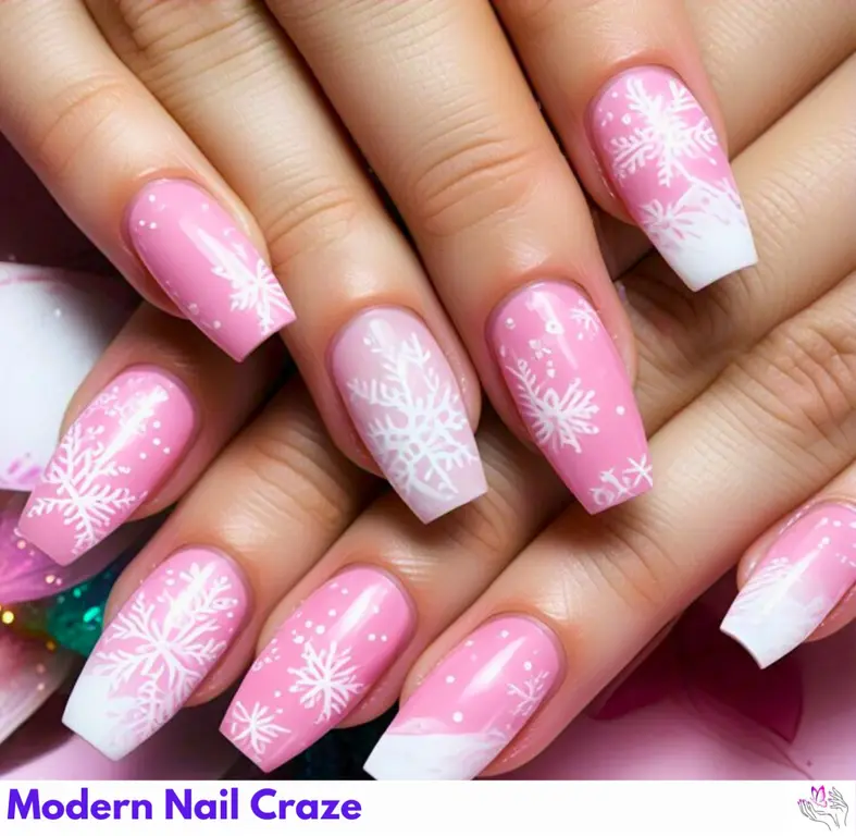 Feminine pink snowflake nail art with a soft bubble bath base and chrome finishes, creating a delicate and stunning winter design.